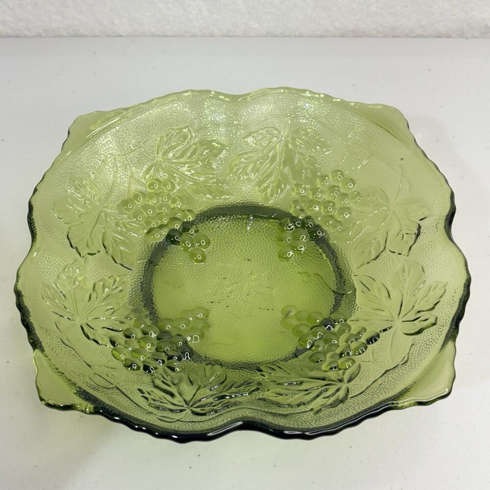 Vintage Anchor Hocking Green Footed Grape And Leaves Serving Bowl Trinket Dish